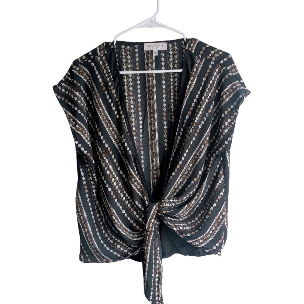 Hayden Earthy Whimsy Boho South Western Black Front Tie Loose Fit Blouse